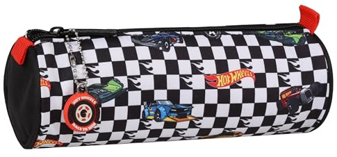 sarcia.eu Hot Wheels Estuche Escolar Redondo, con Cremallera, para niño, en Coches, Blanco-Negro 22x8x8cm (Hot Wheels Redondo)