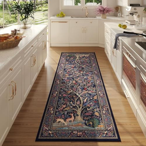 Rugcomf Läufer, lebendiger Baum des Lebens, Vintage-Küchenteppich, rutschfest, waschbar, weicher Teppichläufer für Waschküche, Schlafzimmer, Badezimmer, Blau