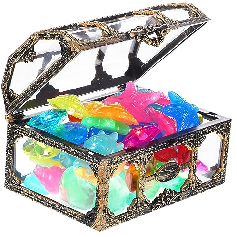 Milisten Coffre Pirate avec Gemmes en Plastique Colorées et Diamants Lumineux, Accessoire de Fête Amusant en Plastique pour Soirées Plage et Jeux de Couleur Aléatoire Plusieurs Styles