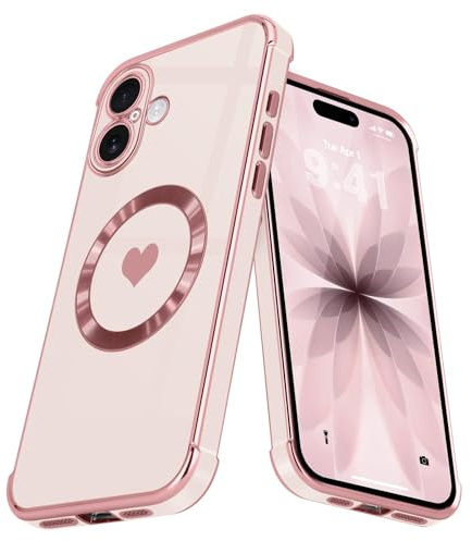 L-FADNUT für iPhone 17 Hülle Glitzer Herzmuster Rosa | Kompatibel mit MagSafe, Glitzer Herzmuster Magnetisch Handyhülle Stoßfeste Kratzfest Silikon Schutzhülle