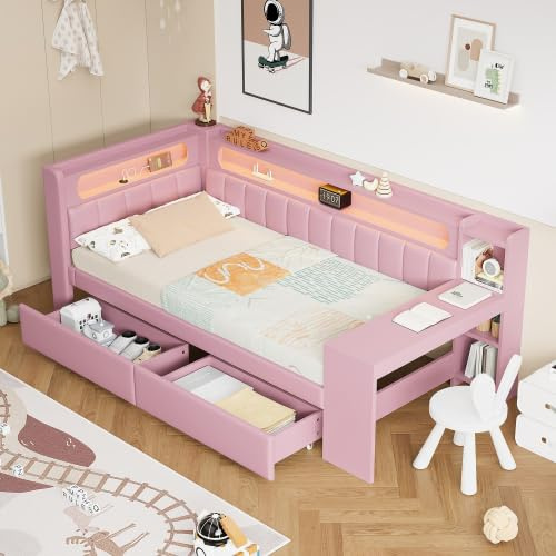 dowowdo Daybed 90x200 mit Schreibtisch & Stauraum – Gepolstertes Hochbett mit 2 Schubladen, USB & LED, Rosa