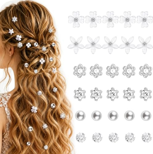 Hanyousheng Lot de 30 pinces à cheveux en forme de bouquet, 6 styles assortis, blanc, mini épingles à cheveux pour femmes, filles, mariage, accessoire capillaire