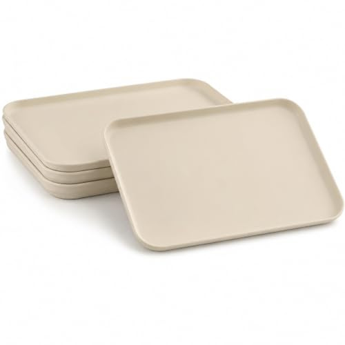 Zuckset 4 Pack Plastic Serving Trays, 30.5 x 22 cm, Beige, Stackable | 4 beige plastic trays; raised edges for drinks, snacks and meals; lightweight, wipe-clean and stackable for daily serving