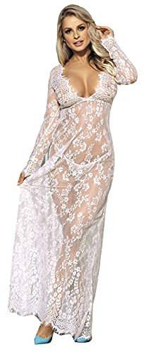 comeondear Femme Lingerie Sexy Longue Grande Taille Dentelle Robe de Nuit Transparent Blanche Manches Longues Robe Maternité,3XL,Blanc