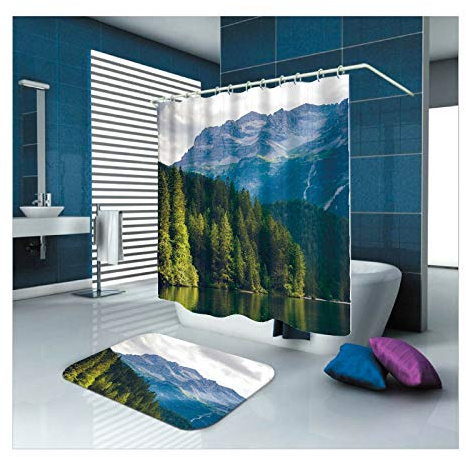Daesar Rideaux Douche Polyester Montagne Arbre Vert Rideau Douche 180x200 CM Tapis de Bain 40x60 CM Ensemble Rideau de Douche et Tapis de Bain