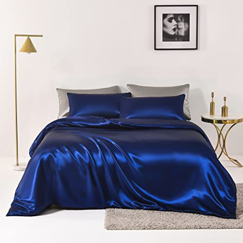 Chanyuan Dunkelblau Seide Satin Bettwäsche Set 200x220cm mit Kopfkissenbezug 80x80cm 3 Teilig Bettbezug mit Reißverschluss