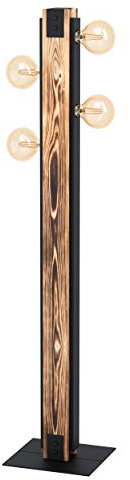 EGLO Stehlampe Layham, 4 flammige Stehleuchte Vintage, Industrial, Retro, Standleuchte aus Stahl, Holz und Textil, Wohnzimmerlampe in Schwarz, Weiß, Lampe mit Tritt-Schalter, E27 Fassung