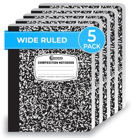 Rosmonde Composition Notebook Wide Ruled 5 Pack, 200 Pages (100 Sheets), 9-3/4 x 7-1/2, Back to School Supplies, Notebooks for School, Office Supplies, Notebooks for Work, Wide Ruled Notebook