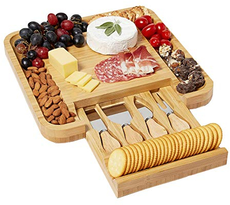 Juego De Tablas Y Cubiertos De Queso De Bambú Natural Con Cajón Deslizable Bandeja De Servir Para Vino, Galletas, Charcutería Navidad Y San-Valentín Mejores Regalos