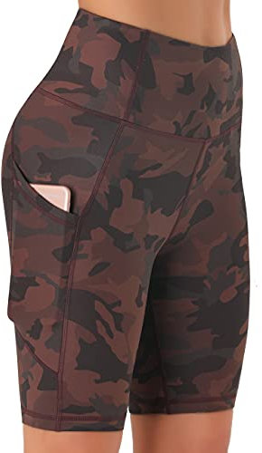 Persit Kurze Sporthose Damen, High Waist Radlerhose Sport Shorts Sommer Laufhose Braun Camo XS