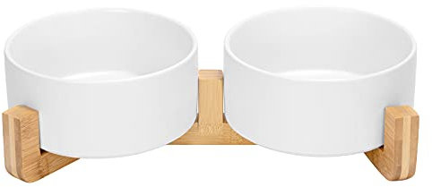 SPUNKYJUNKY Gamelle Double en céramique avec Support en Bambou pour Chat et Chien (850ml, Blanc)