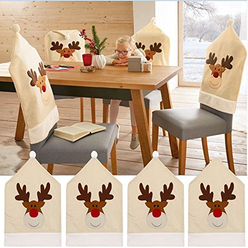 4 Stücke Weihnachten Rentier Stuhlhussen - Esszimmerstuhl Stuhlbezug Sets Nikolausmütze Stuhlüberzug Küche Stuhldeko Ornament Weihnachtsdeko Party Supplies (Beige, 50x60cm)