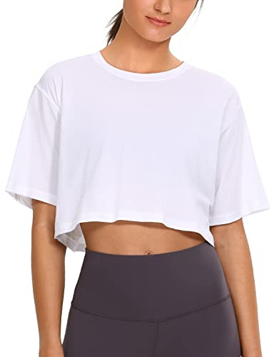 CRZ YOGA Damen Sport T-Shirt Kurzarm Sommer Fitness Crop Oberteile Crew Neck Leichte Yoga Top Atmungsaktiv Laufshirt Weiss 44