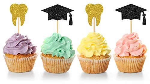 24 Stück Cupcake-Topper für Zahnarzt-Abschluss, Dekoration, Congrats, Zahnarzt, Cupcake-Dekoration, Congrats Grade Cupcake-Topper, Abschlussfeier, Party, Cupcake-Dekoration, Gold-Blakc-Glitzer