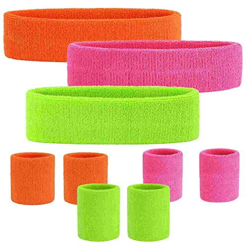 80s Sportstirnband mit Armband 3 Farben Neon Schweißband Set Vintage Sportstirnband für 80er Jahre Thema Party Zubehör für Damen Herren Sport Fasching Karneval St. Patrick's Day (A1)