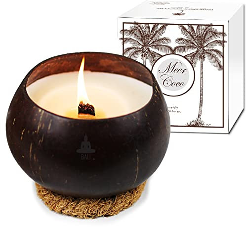 Meer Coco Vela grande con cuenco de coco real, incluye posavasos, vela de cera de soja, mecha de madera crepitante, 45 horas de combustión, vela de coco Bali, cuenco natural, idea de regalo