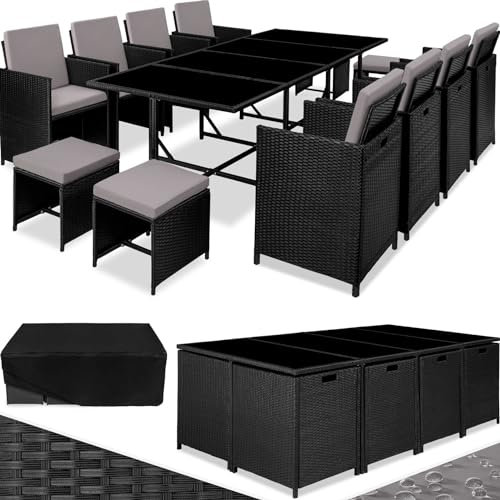 tectake Gartenlounge Set, Polyrattan Gartenmöbel Set, 8+4+1 Sitzgruppe, 8 Stühle 4 Hocker 1 Tisch, Balkon Möbel als Würfel verstaubar, für Garten, Balkon, Terrasse - schwarz/grau