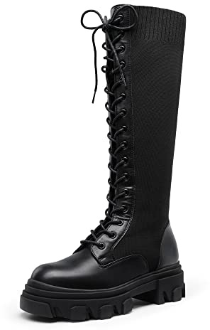 DREAM PAIRS Donna Stivali Alti al Ginocchio Moda Stivali Alti da Donna con Lacci e Suola Spessa,Size 40.5,Nero/Maglia,SDKB221W