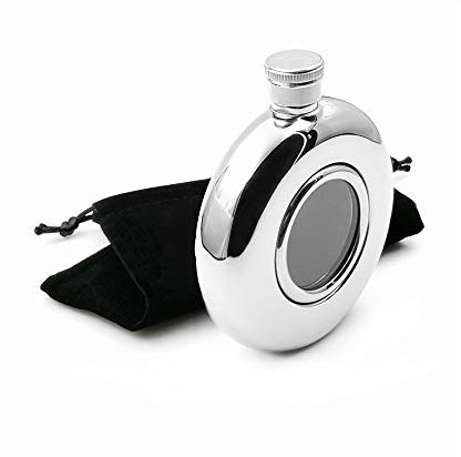 iSavage 5oz Classic Round Hip Flask with Transparent Glass Window Mirror Finished 18/8 Stainless Steel-YM139A