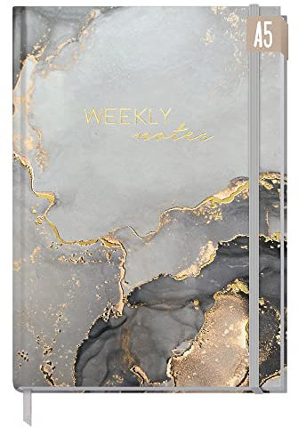 Wochen-Notiz-Planer A5 undatiert Grey Marble von Trendstuff by Häfft - Planer, Kalender ohne Datum und Bullet Journal, Tagebuch, Notizheft in einem - nachhaltig & klimafreundlich