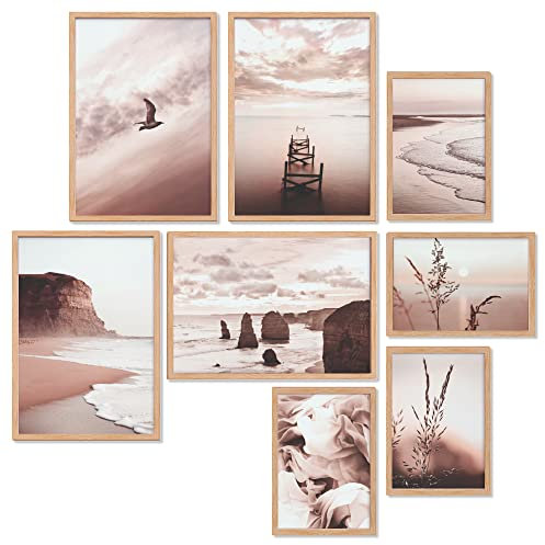 Heimlich – Poster-Set – 4 A3 / 30 x 42 cm + 4 A4 / 21 x 30 cm – Premium-Poster – ungerahmte Drucke – Küstenstil – Roségoldener Strand