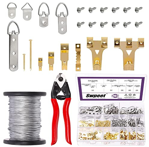 Swpeet 192 PCS 10ibs - 75ibs picture hangar & Cable cutter avec picture hangar Line combo Kit, cadre photo robuste avec crochet photo, crochet, anneau en D, clous à la maison