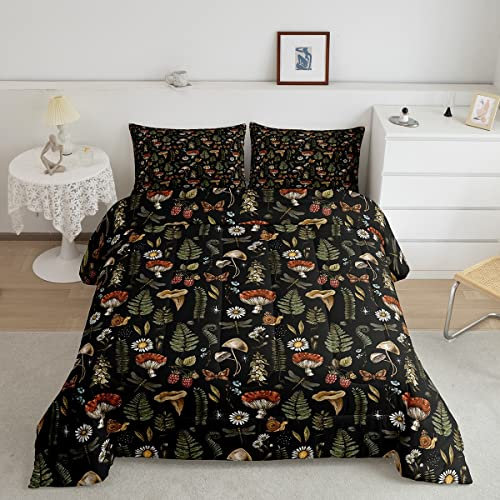 Pilz-Bettwäsche-Set, natürliche Schmetterlinge, Wildpflanzenblätter, Dekor, Tröster für Kinder, Teenager, Erwachsene, Outdoor, Dschungel, rustikaler Bauernhaus-Stil, Bettwäsche-Set mit 2 Kissenbezügen