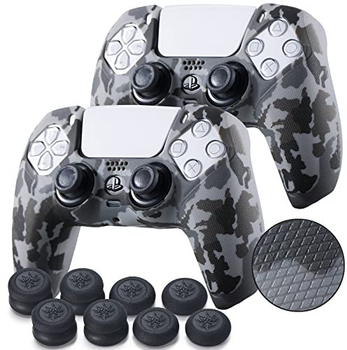 YoRHa Lot de 2 coques en silicone pour manette PS5 Dualsense (camouflage gris) avec poignées de pouce Pro
