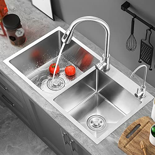 Kitchen Sink Double Bowl Stainless Steel Top Mount Overmount Kitchen Sink Basin Dual Mount Double Bowl 2-Hole Kitchen Sink, Stainless Steel (Size : 82x45cm)