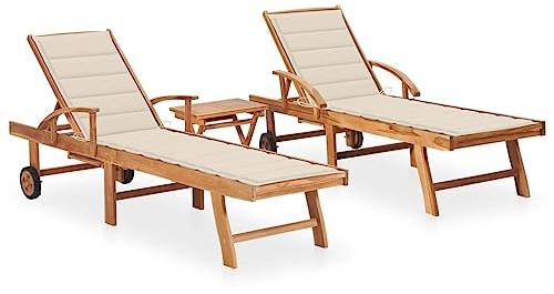ZQQLVOO Tumbonas de 2 piezas, con mesa y cojines, madera maciza de teca, para ocio, jardín, jardín, jardín, exterior, para jardín, terraza, patio trasero, lado de piscina