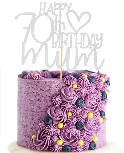 Tortenaufsatz Happy 70th Birthday Mum – Muttergeburtstagsparty-Dekoration, silberfarbener Glitzer, Kuchendekoration zum 70. Geburtstag