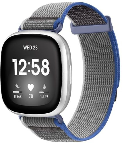 PIOWNN Trail Loop Kompatibel mit Fitbit Versa 3 Armband/Fitbit Versa 4 Armband/Fitbit Sense Armband/Fitbit Sense 2 Armband Damen Herren, Weiches Nylon Sport Ersatzband für Versa 3/4/Sense, Blau/Grau