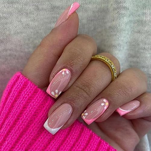 24PCS Medium False Nails with Glue Stickers,Coffin Full Cover Acrylic Press on Nails no Glue,White Pink Flower French Fake Nails for Women and Girls Nail Art.