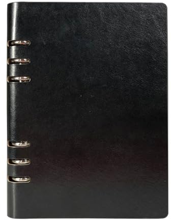 (Schwarz) Vintage Leder Ringbuch Notizbuch, A5(17 * 23cm/6.6 * 9inch) Edelstahl-Ausschnitt Notizblock Nachfüllbar Leder Notizbuch, 100 Seiten Wasserdicht Beige Einsätze