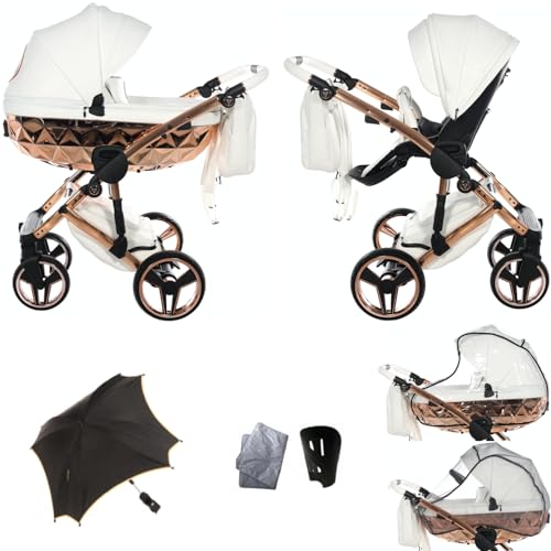 Original Junama Diamond Hand Craft Modulare Systeme Kombikinderwagen 2in1 3in1 4in1 + Original Zubehör Exclusive Prams (2in1, 09 White/Copper)