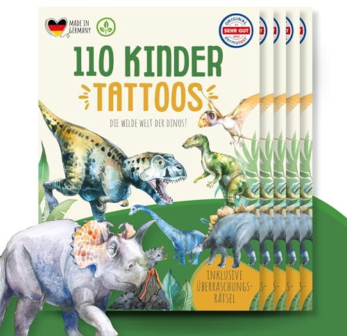 MeinBaby123 550 hautfreundliche Kinder Tattoos mit Dinos, Dinosaurier Tattoo, Kindertattoos zum Aufkleben, Geschenk für Kinder, vegan & made in Germany (5x Dinos)
