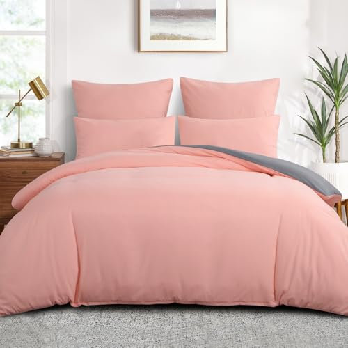 Aisbo Superking Duvets Sets Pink and Grey Reversible Bedding Bed Set, Soft Brushed Microfiber Oeko-TEX Super King Bed Quilt Cover with 2 Pillowcases 50x75cm