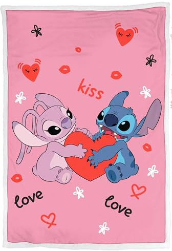 Hômadict Lilo & Stitch Sherpa-Decke, 100 x 150 cm, Love Kiss Rosa, Fleecedecke für Disney-Fans, warm, weich, hohe Qualität, bequem, offizielles Lizenzprodukt