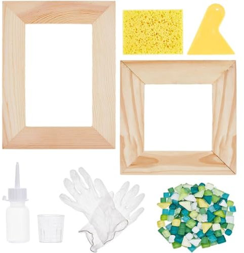 SUPERFINDINGS Kit Cornice per Foto Mosaico Fai Da Te Incluso 2 cornice per Foto In Legno Non Finito 200 g Piastrelle A Mosaico In Vetro Misurino Bottiglie di Colla In Plastica Raschietto