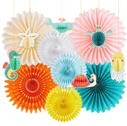 SUNBEAUTY 13 Stück Meerestiere Geburtstag Dekoration Enthält 7 x Papier Fächer, 6 x Ozean Thema Dekoration, Hängende Girlande Papierfächer und Meerestiere Wabenbälle für Geburtstag Deko, Baby Shower