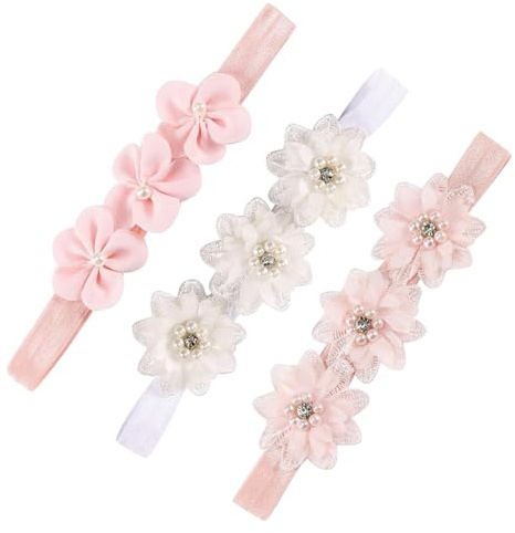 3Pcs Cute Baby Girl Delicate Newborn Toddler Elastic Stretchy Beautiful Infant Pearl Flower Headbands for Newborn Hair Accessorie