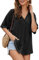 Niwicee Womens Tops Summer Linen Shirts Tops Casual Short Sleeve Blouse T-Shirt V Neck Button Up Shirt Solid Color Tunic Tops(Black,XL)