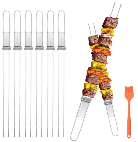 Lightique Kabob Skewers 17inch Ultra long Metal Skewers for Kabobs with Push Bar Skewers for Grilling Double Fork Anti-Roll kebab skewers Stainless Steel Flat BBQ Skewers for Meat, Vegetable, 6PCS