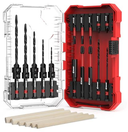 EZARC Set de brocas avellanadoras,24 piezas.Incluye brocas cónicas y 6 palitos de madera.Vástago hexagonal de 1/4,cambio rápido.Ideal para trabajos de carpintería.Caja de almacenamiento incluida.