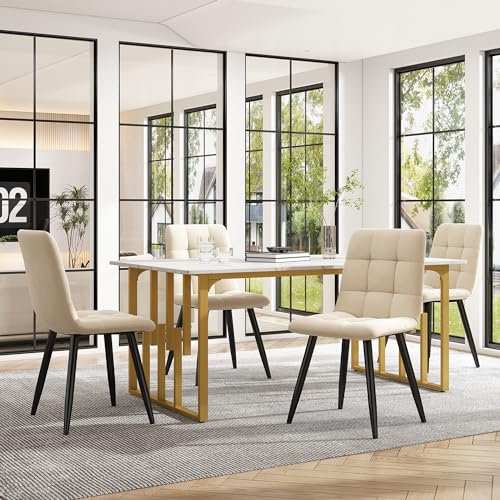 NNJN 140 x 80cm Esstisch,(1-St), Küchentisch, Einzigartig Gestell aus Metall Rechteckiger Esstisch aus Moderner Marmormuster Küchentisch mit verstellbaren Füßen für Esszimmer Wohnzimmer (Weiß/Golden)