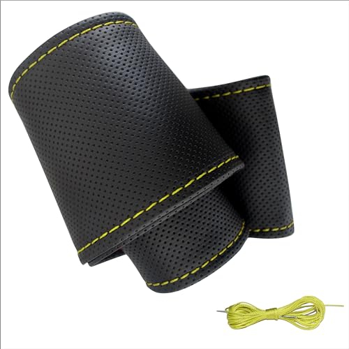 Lenkradbezug Pu Leder, Auto Lenkradhülle zum schnüren Nähen mit Nadel und Faden gepunktet UNIVERSALGRÖSSE 37-38 cm M2 Schwarz Gelbes Naht