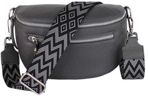 MIRROSI® Damen Bauchtasche Umhängetasche 27x14,5x8cm Damen, Made in Italy, aus Echtleder Tasche Echtes Leder, Brusttasche, Crossbody Bag,Bohemian Style (1 Tasche 2 Gurte) (DK.Grey Boho)