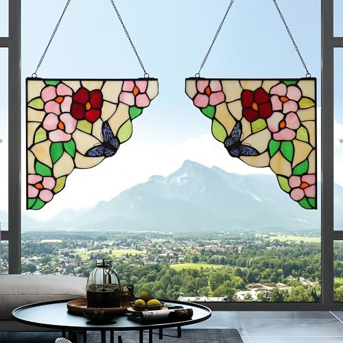 YOURANJU Sea Blue Libelle Buntglas Fensterbehang 2 Stück 25,4 cm Fensterecke Tiffany-Stil Tier Fensterpaneel Perfekt für Wohnzimmer Schlafzimmer Küche Fensterdekoration Behänge mit Kette