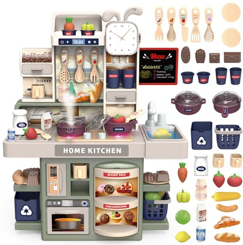 Ulikey Kinderküche, Spielküche, 50 Küche Kinder Zubehör mit Geräuschen und Lichtern Multifunktionales Spielzeugküche mit Besteck Lebensmitteln Backofen, Küchenspiele für Kinder von 2-6 Jahren