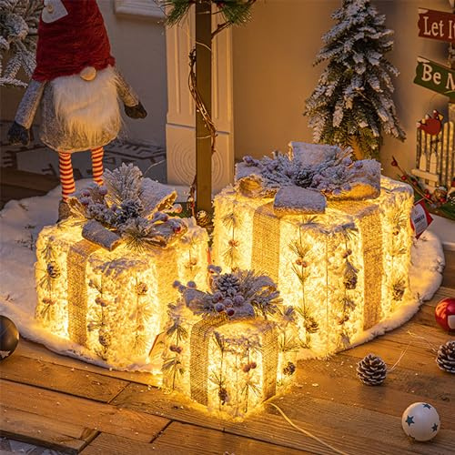DXIA Juego de 3 Cajas de Regalo Iluminadas de Navidad, Cajas de Navidad Grande con Tapas y Adorno de Lazo, Caja de Regalo Navidad para Salas de Exposiciones y Decoración del Hogar, Blanco
